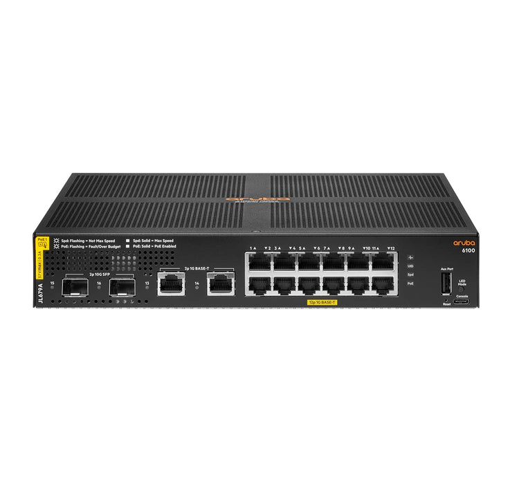 HPE Aruba 6100 12G Class4 PoE 2G/2SFP+ 139W Switch - Switch - Managed - 12 x 10/100/1000 (PoE+) + 2 x 1 Gigabit / 10 Gigabit SFP+ + 2 x 1000Base-T - rack-mountable - PoE+ (139 W)