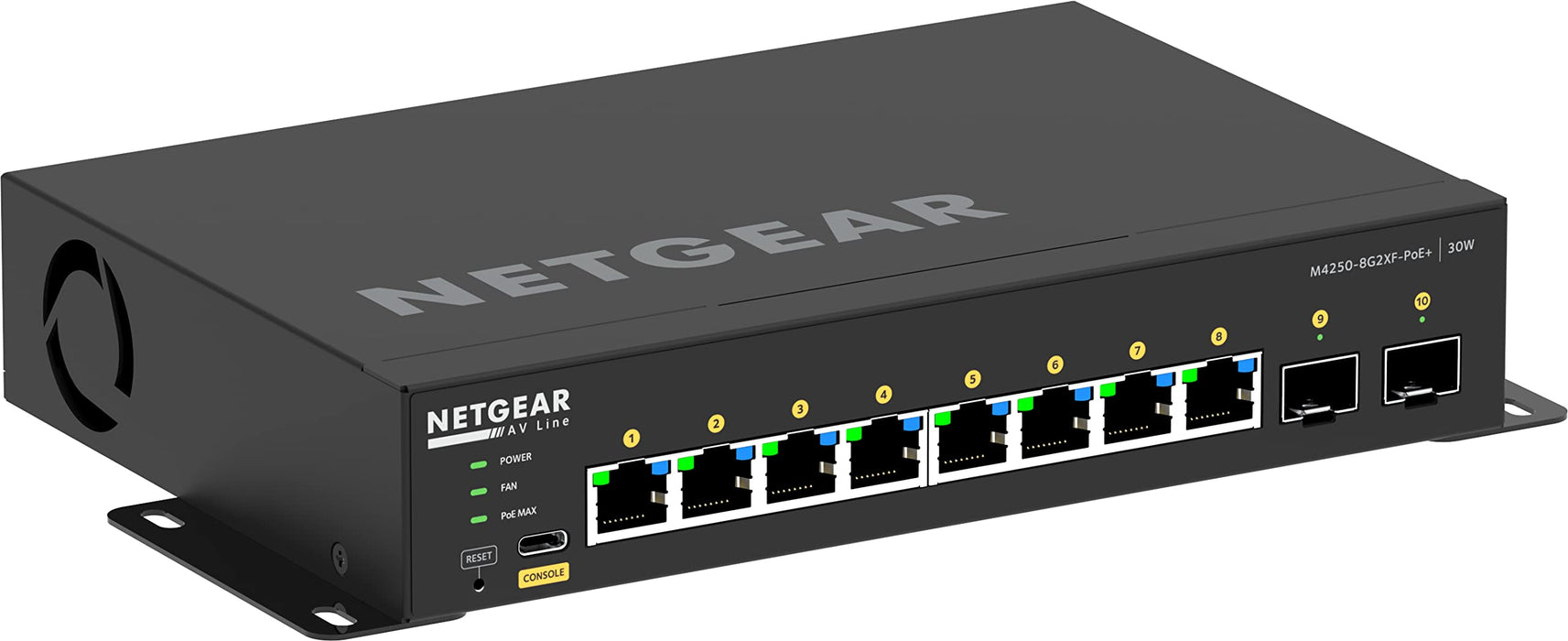 NETGEAR AV Line M4250-8G2XF-PoE+ - Switch - L3 - Managed - 8 x 10/100/1000 (8 PoE+) + 2 x 10 Gigabit SFP+ - side to side airflow - rack-mountable - PoE+ (220 W)