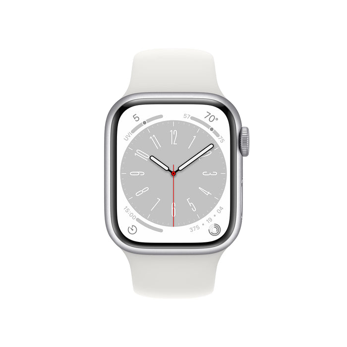 Apple Watch Series 8 (GPS) - 41 mm - silver aluminium - smart watch with sport band - fluoroelastomer - white - band size: Regular - 32 GB - Wi-Fi, Bluetooth - 32 g