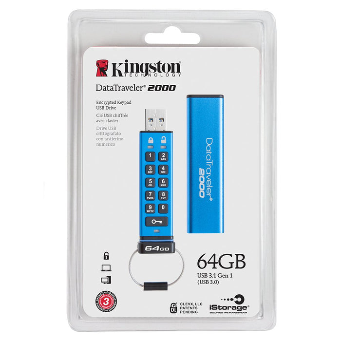 Best Value Kingston DT2000/64 GB Data Traveler 2000 Encrypted USB 3.0 with Keypad, Blue