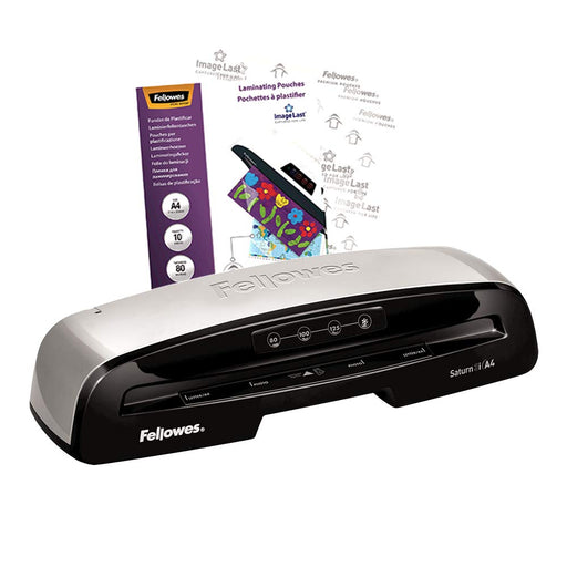 Best Value Fellowes Saturn 3i A4 Small Office Laminator 80-125 Micron. Rapid 1 minute warm up time. Including 10 free pouches.