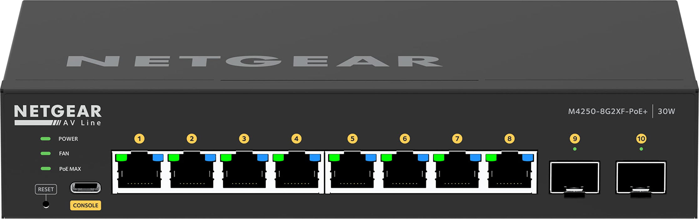 NETGEAR AV Line M4250-8G2XF-PoE+ - Switch - L3 - Managed - 8 x 10/100/1000 (8 PoE+) + 2 x 10 Gigabit SFP+ - side to side airflow - rack-mountable - PoE+ (220 W)