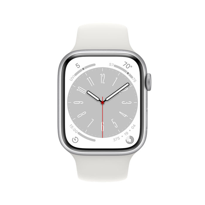 Apple Watch Series 8 (GPS + Cellular) - 45 mm - silver aluminium - smart watch with sport band - fluoroelastomer - white - band size: Regular - 32 GB - Wi-Fi, LTE, Bluetooth, UWB - 4G - 38.8 g