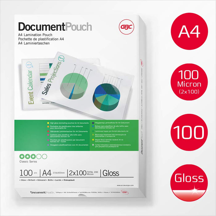 Best Value GBC A4 2x100 Micron Gloss Laminating Pouches, Pack of 100, 3740306