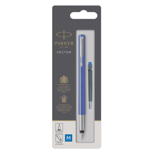 Best Value Parker Medium Nib Vector Fountain Pen, Blue with Chrome Trim, Blue Ink, Blister Pack