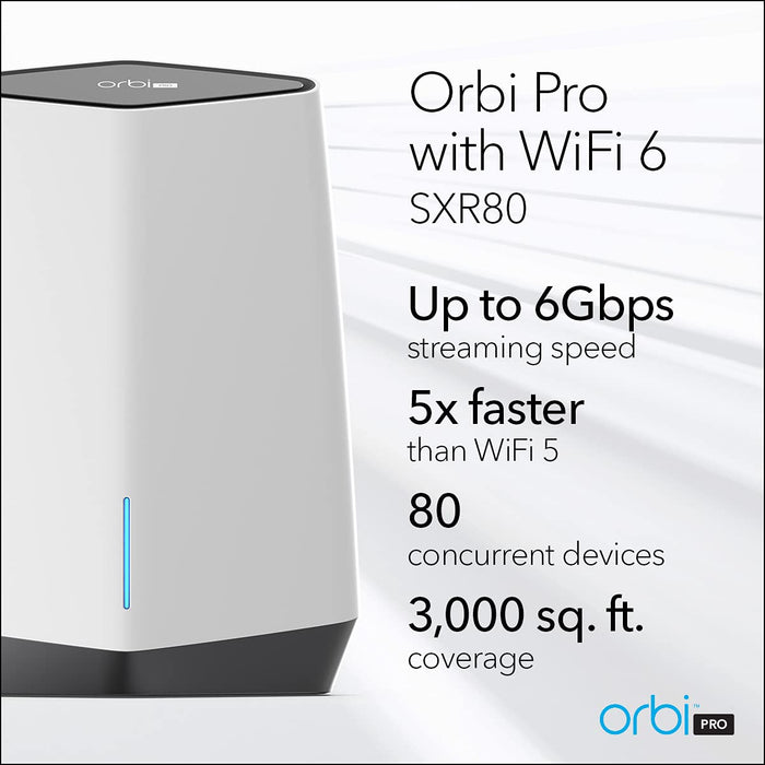 NETGEAR Orbi Pro WiFi 6 - AX6000 Tri-band WiFi System - Wireless router - 4-port switch - GigE, 2.5 GigE - 802.11a/b/g/n/ac/ax - Tri-Band - wall-mountable, ceiling-mountable