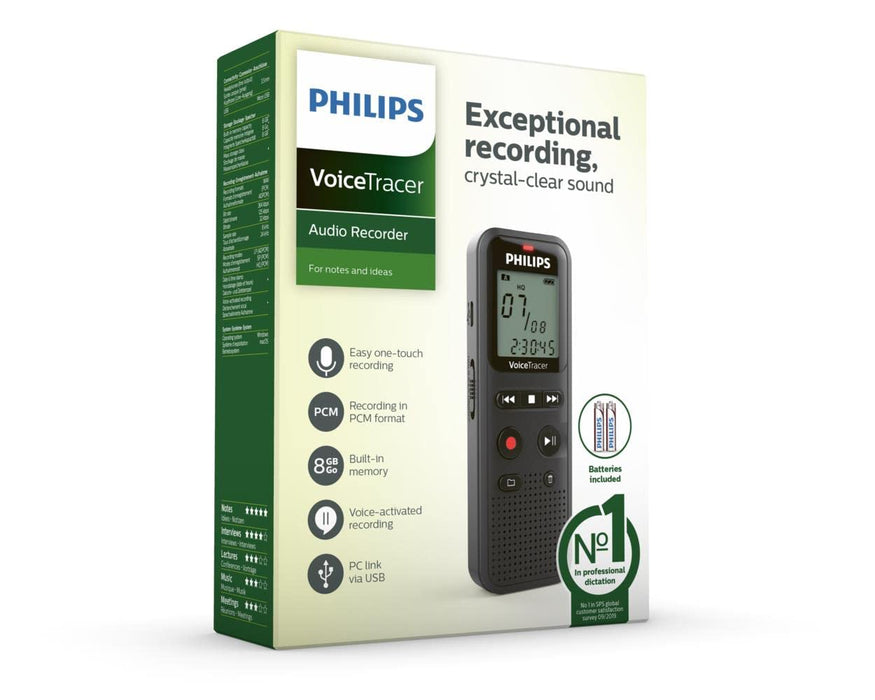 Philips Dictation DVT1160 VoiceTracer Audio Recorder 8GB Memory Black