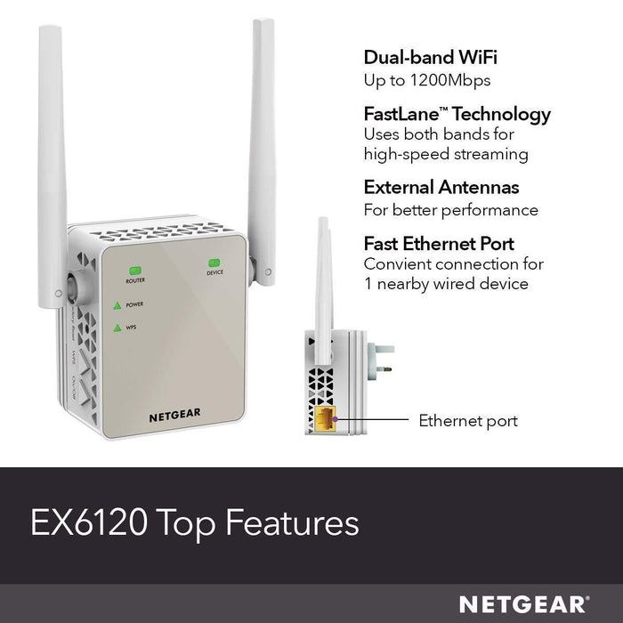 Best Value NETGEAR Wifi Range Extender EX6120 - Coverage up to 1200 sq.ft. and 20 devices with AC1200 Dual Band Wireless Signal Booster/Repeater (up to 1200 Mbps) and Compact Wall Plug Design with UK Plug