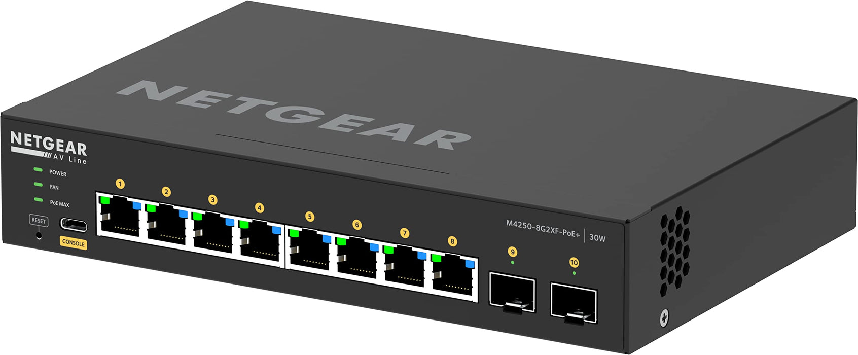 NETGEAR AV Line M4250-8G2XF-PoE+ - Switch - L3 - Managed - 8 x 10/100/1000 (8 PoE+) + 2 x 10 Gigabit SFP+ - side to side airflow - rack-mountable - PoE+ (220 W)