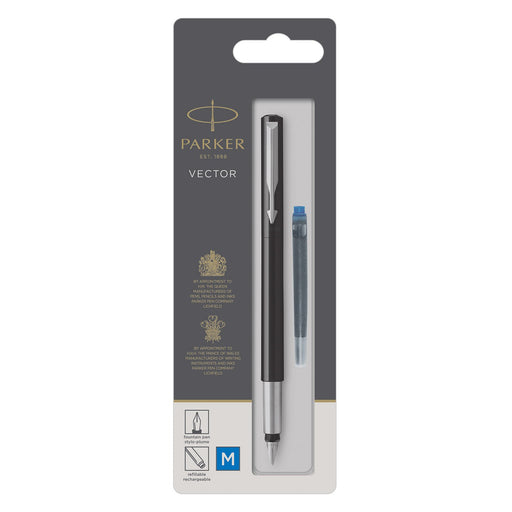 Best Value Parker Medium Nib Vector Fountain Pen, Black with Chrome Trim, Blue Ink, Blister Pack