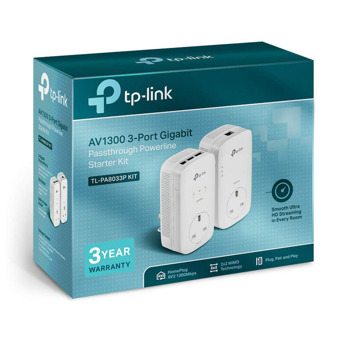 Best Value TP-Link TL-PA8033PKIT AV1300 3-Port Gigabit Passthrough 2x2 MIMO Powerline Adapter Starter Kit, No Configuration Required, UK Plug