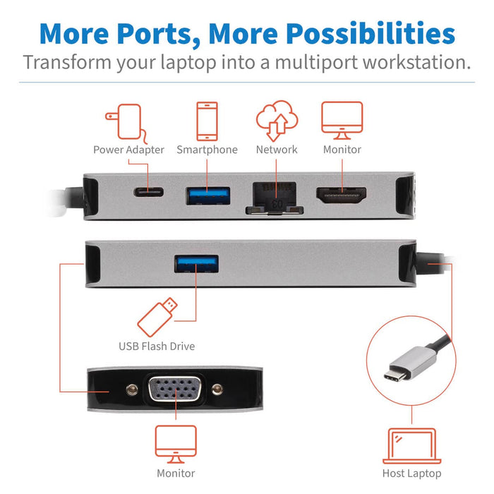 Tripp Lite USB-C Portable Docking Station - HDMI 4K @ 30 Hz, VGA, USB-A/USB-C, GbE, PD Charging 3.0, Gray - Docking station - USB-C - VGA, HDMI, USB-C - GigE