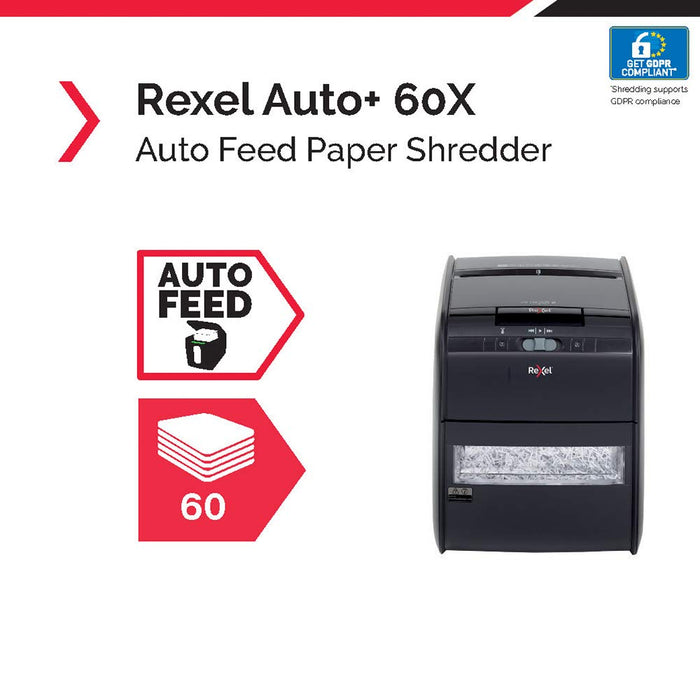 Best Value Rexel Auto+ 60X Auto Feed 30 Sheet Cross Cut Paper Shredder for Home or Home Office (occasional use), 15L Bin, Black, 2103060