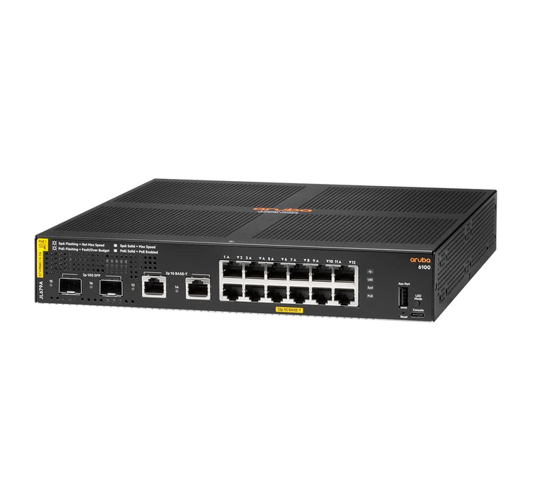 HPE Aruba 6100 12G Class4 PoE 2G/2SFP+ 139W Switch - Switch - Managed - 12 x 10/100/1000 (PoE+) + 2 x 1 Gigabit / 10 Gigabit SFP+ + 2 x 1000Base-T - rack-mountable - PoE+ (139 W)