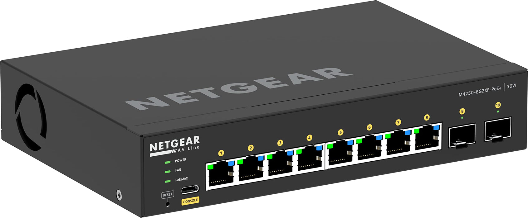 NETGEAR AV Line M4250-8G2XF-PoE+ - Switch - L3 - Managed - 8 x 10/100/1000 (8 PoE+) + 2 x 10 Gigabit SFP+ - side to side airflow - rack-mountable - PoE+ (220 W)