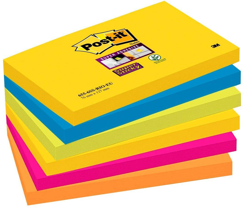 Best Value Post-it 6556SR 76 x 127 mm Super Sticky Notes, Rio Colour Collection, 6 Pads (90 Sheets Per Pad)