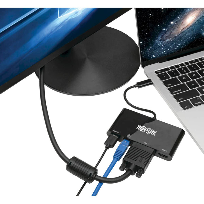 Tripp Lite USB 3.1 Gen 1 USB-C Adapter Converter Thunderbolt 3 Compatible 4K @ 30Hz - HDMI, VGA, USB-A Hub Port and Gigabit Ethernet, Black - Docking station - USB-C 3.1 - VGA, HDMI - GigE