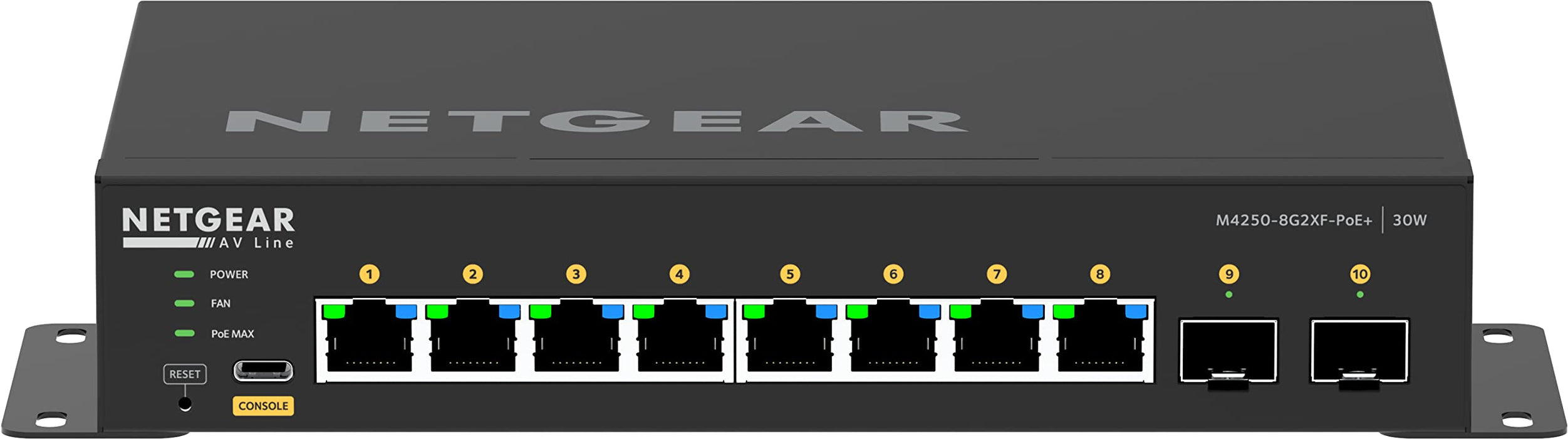 NETGEAR AV Line M4250-8G2XF-PoE+ - Switch - L3 - Managed - 8 x 10/100/1000 (8 PoE+) + 2 x 10 Gigabit SFP+ - side to side airflow - rack-mountable - PoE+ (220 W)