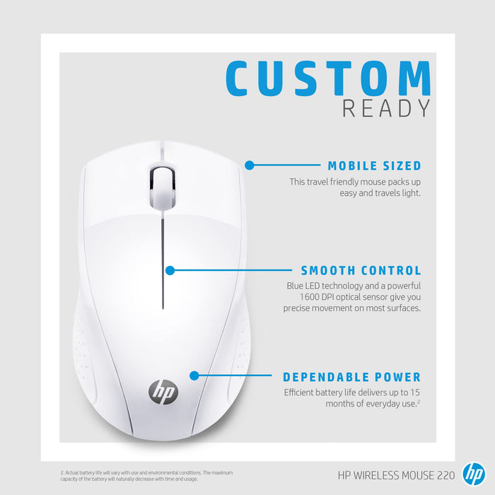 HP 220 - Mouse - 3 buttons - wireless - 2.4 GHz - USB wireless receiver - snow white - CTO - for OMEN Obelisk by HP 875, HP 27, Laptop 15, Pavilion Gaming TG01, Spectre x360 Laptop