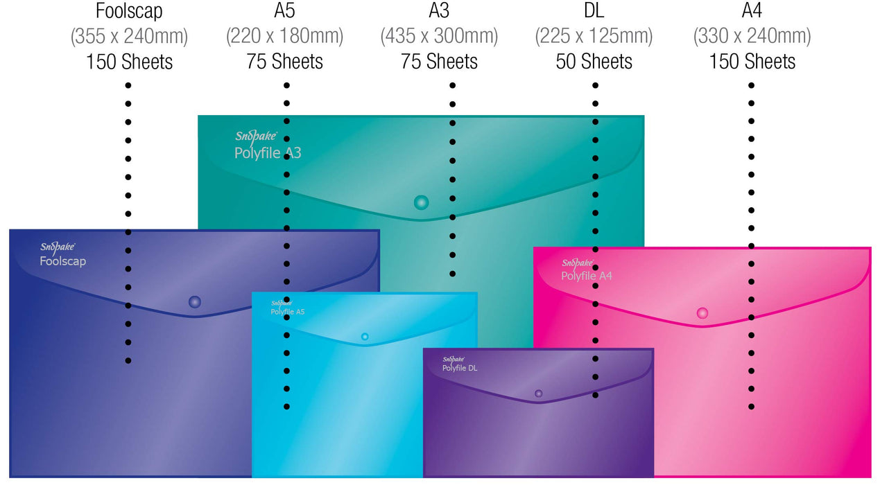 Snopake Document Wallet A4 Press Stud PP (Polypropylene) Landscape 33 (W) x 0.5 (D) x 24 (H) cm Assorted Pack of 5