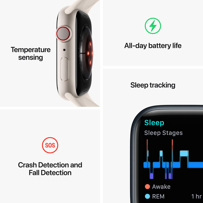 Apple Watch Series 8 (GPS + Cellular) - 45 mm - silver stainless steel - smart watch with sport band - fluoroelastomer - white - band size: Regular - 32 GB - Wi-Fi, LTE, Bluetooth, UWB - 4G - 51.5 g