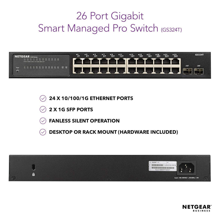 Best Value NETGEAR GS324T 26-Port Gigabit Ethernet Smart Managed Pro Switch with 2 x 1G SFP, Desktop/Rackmount, S350 Series