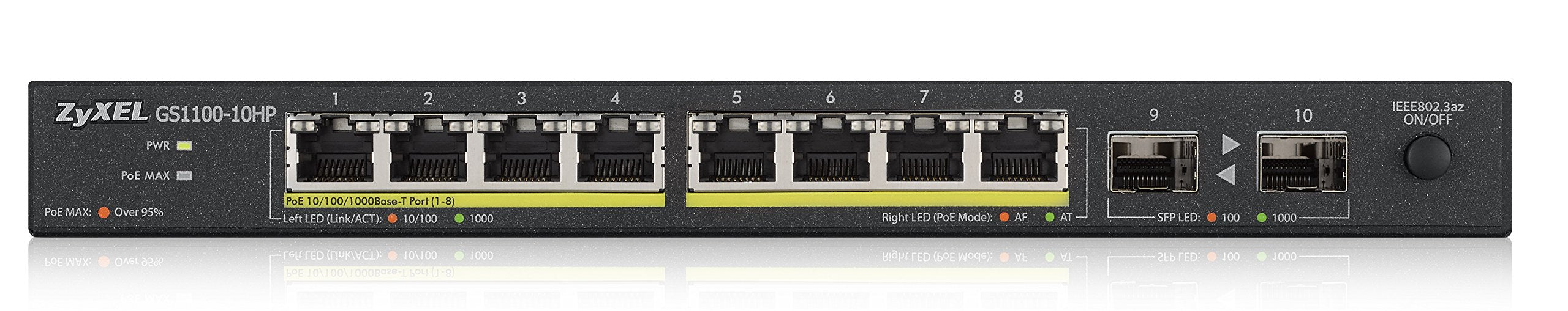 Best Value Zyxel 10-Port Gigabit Unmanged PoE+ Switch [8-Ports with 130 watt Budget] - Fanless Design [GS1100-10HP-GB0101F]