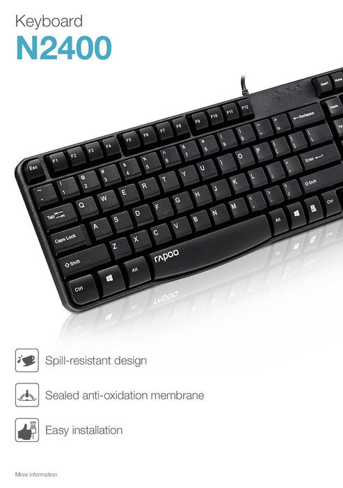 Best Value Rapoo N2400 Wired Spill-resistant Keyboard Black UK Layout