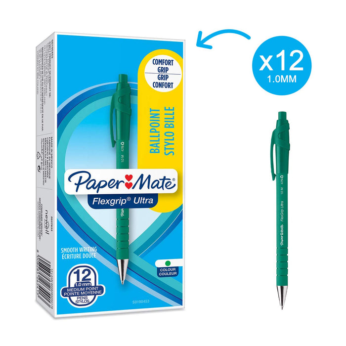 Best Value PaperMate Medium Point (1.0 mm) Flexgrip Ultra Retractable Ballpoint Pen, Green, Box of 12