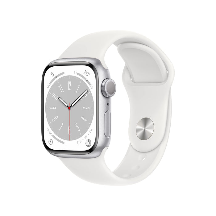 Apple Watch Series 8 (GPS) - 41 mm - silver aluminium - smart watch with sport band - fluoroelastomer - white - band size: Regular - 32 GB - Wi-Fi, Bluetooth - 32 g