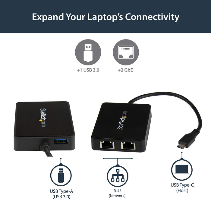 Best Value StarTech.com US1GC301AU2R USB-C to Dual Gigabit Ethernet Adapter with USB 3.0 (Type-A) Port, USB Type-C Gigabit Network Adapter