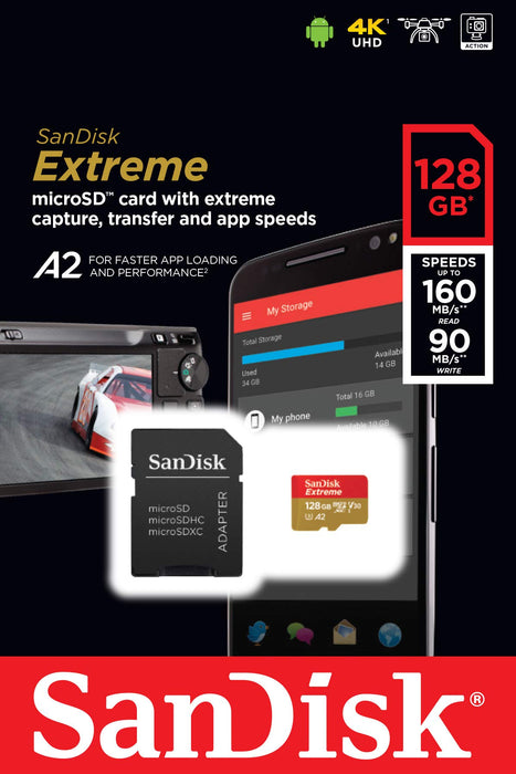 Best Value SanDisk Extreme 128 GB microSDXC Memory Card + SD Adapter with A2 App Performance + Rescue Pro Deluxe, Up to 160 MB/s, Class 10, UHS-I, U3, V30