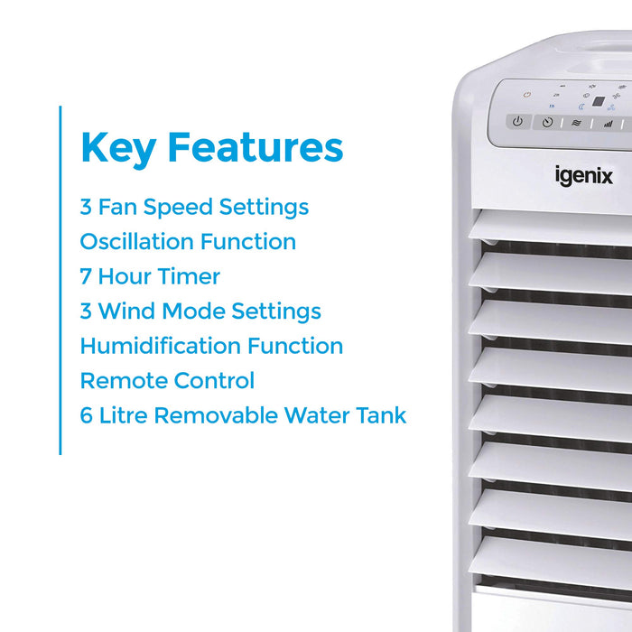 Best Value Igenix IG9703 Portable Air Cooler with Remote Control and LED Display, 3 Fan Speeds with Oscillation Function, 7 Hour Timer and 6 Litre Water Tank for Home or Office Use, White