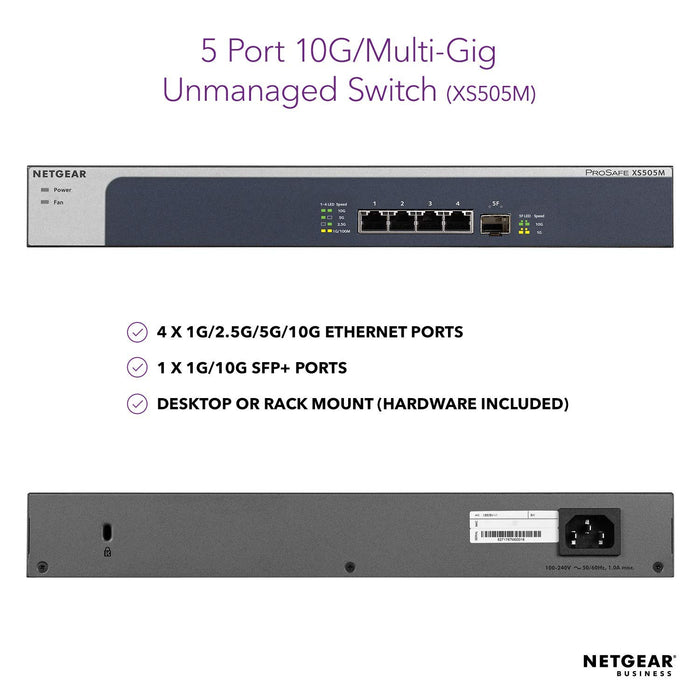 Best Value NETGEAR 5-Port 10G Multi-Gigabit Ethernet Unmanaged Switch (XS505M) - with 1 x 10G SFP+, Desktop/Rackmount, and ProSAFE Lifetime Protection