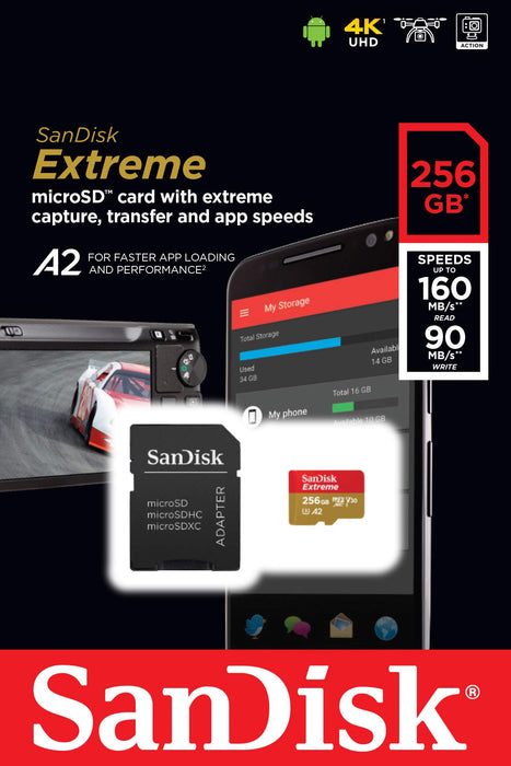 Best Value SanDisk Extreme 256 GB microSDXC Memory Card + SD Adapter with A2 App Performance + Rescue Pro Deluxe, Up to 160 MB/s, Class 10, UHS-I, U3, V30