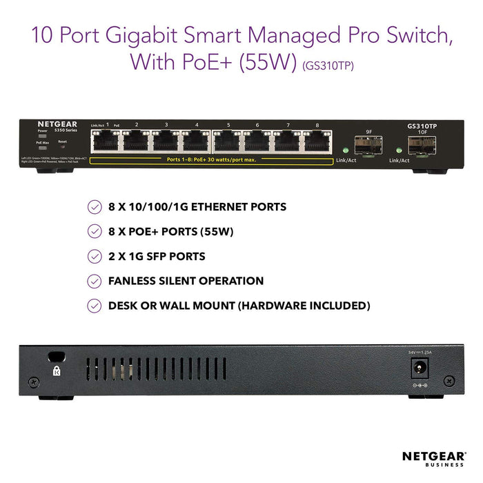 Best Value NETGEAR 10-Port Gigabit Ethernet Smart Managed Pro PoE Switch (GS310TP) - with 8 x PoE+ @ 55W, 2 x 1G SFP, Desktop, Fanless Housing for Quiet Operation, S350 Series