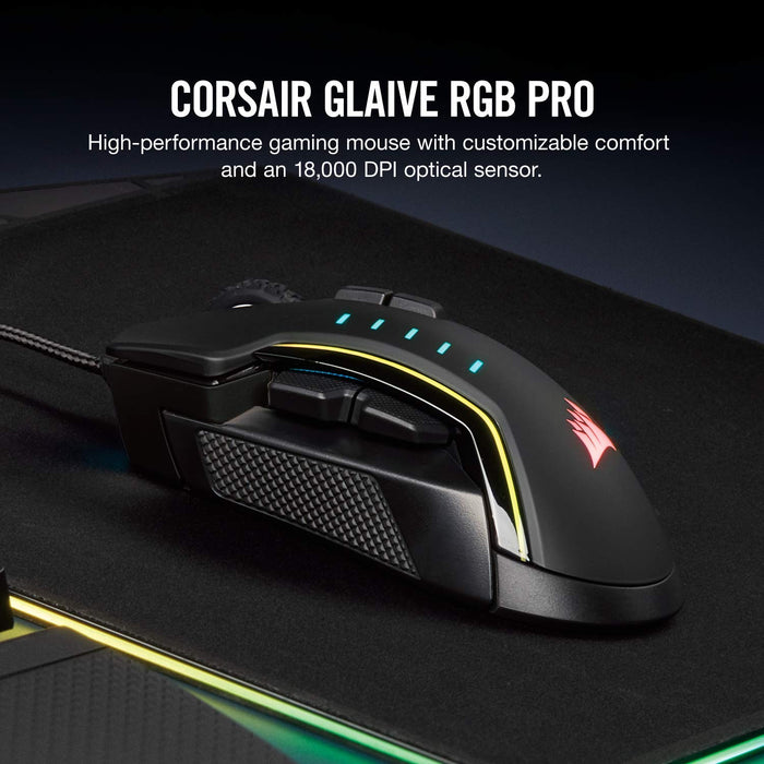 Best Value Corsair Glaive PRO RGB Optical Gaming Mouse (18,000 DPI Optical Sensor, Interchangeable Grips, 3-Zone RGB Multi-Colour Backlighting, 7 Programmable Buttons) - Black