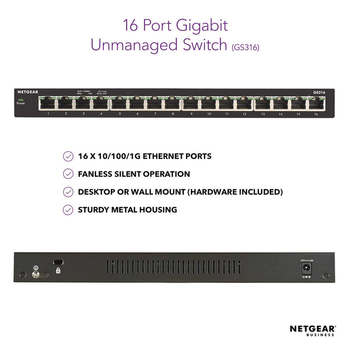 Best Value NETGEAR 16-Port Gigabit Ethernet Network Switch, Hub, Internet Splitter (GS316) - Desktop, Fanless Housing for Quiet Operation