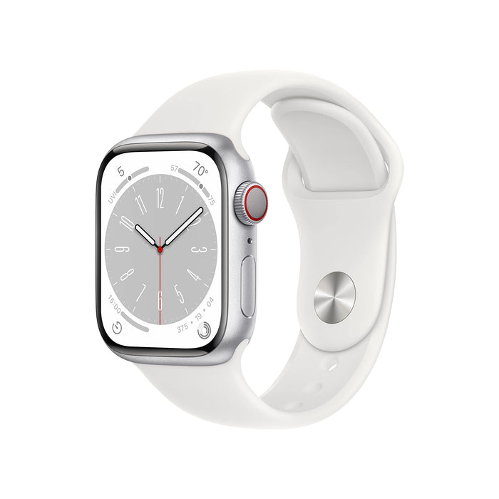 Apple Watch Series 8 (GPS + Cellular) - 41 mm - silver aluminium - smart watch with sport band - fluoroelastomer - white - band size: Regular - 32 GB - Wi-Fi, LTE, Bluetooth, UWB - 4G - 32 g