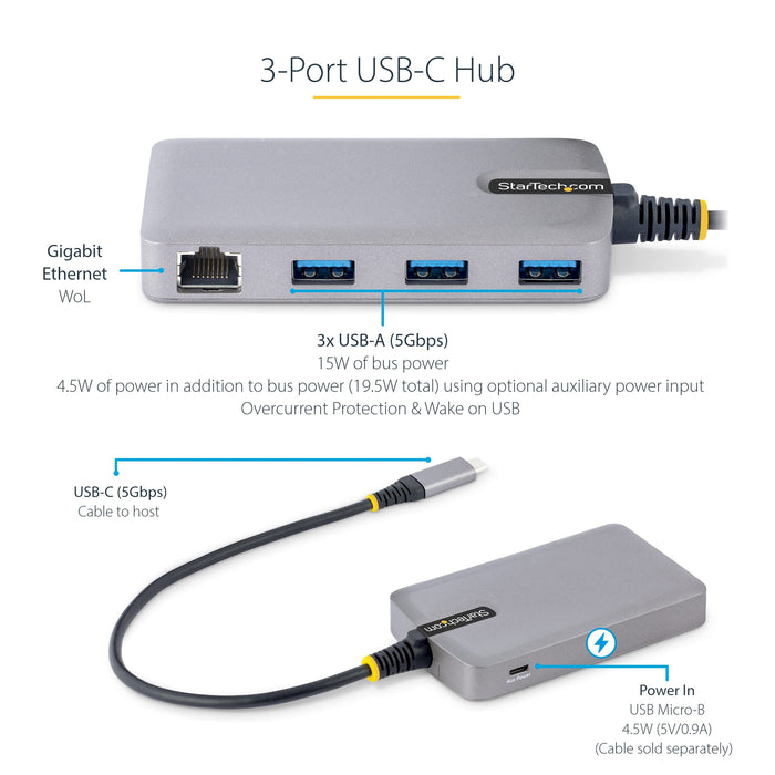 StarTech.com 3-Port USB-C Hub with Ethernet - 3x USB-A Ports Gigabit Ethernet RJ45