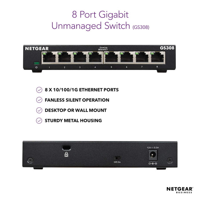 Best Value NETGEAR GS308 8-Port Gigabit Ethernet Network Switch, Hub, Internet Splitter, Desktop, Sturdy Metal, Fanless, Plug and Play