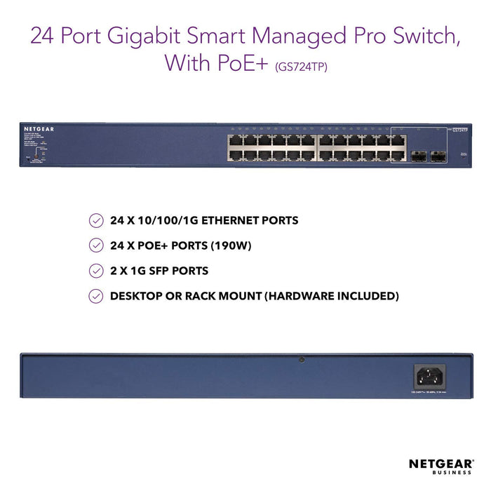 Best Value NETGEAR 24-Port Gigabit Ethernet Smart Managed Pro PoE Network Switch (GS724TP) - Hub with 24 x PoE+ @ 190W, 2 x 1G SFP, Desktop/Rackmount, and ProSAFE Lifetime Protection