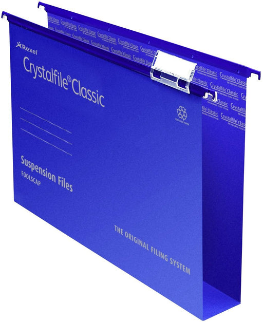 Best Value Rexel 71751 Crystalfile Classic Foolscap Suspension File, 500 Sheet Capacity, 50 mm Squared Base Manilla, Pack of 50, Blue