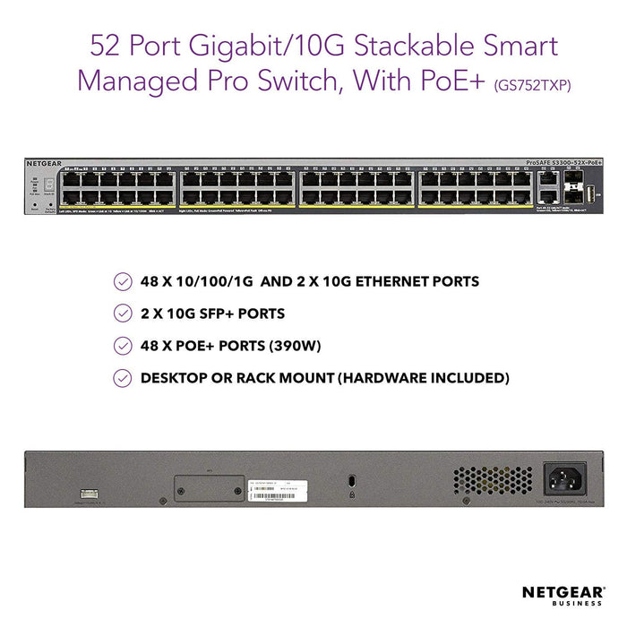 ProSAFE S3300-52X-PoE+ 48-Port POE Gigabit Stackable Smart Managed Switch (With 2x 10-GbE SFP+ Fiber & 2x 10-GbE Copper)