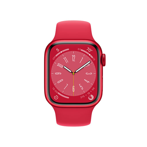 Apple Watch Series 8 (GPS + Cellular) - (PRODUCT) RED - 41 mm - red aluminium - smart watch with sport band - fluoroelastomer - red - band size: Regular - 32 GB - Wi-Fi, LTE, Bluetooth, UWB - 4G - 32 g