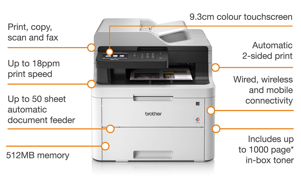 Best Value Brother MFC-L3710CW Colour Laser Printer, Wireless and PC Connected, Print, Copy, Scan and Fax, A4