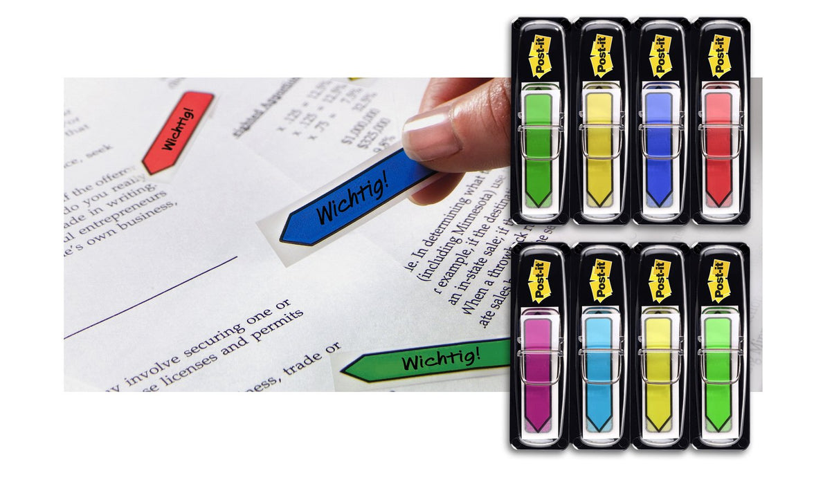 Best Value Post-it Index Arrows - 5 Colours - 20 of Each Colour - Clear Dispenser - 12mm