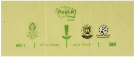 Best Value Post-it 6551GE Recycled Notes Pack of 3 Blocks each with 100 Sheets 127 x 76 mm, Yellow 51 x 38 mm