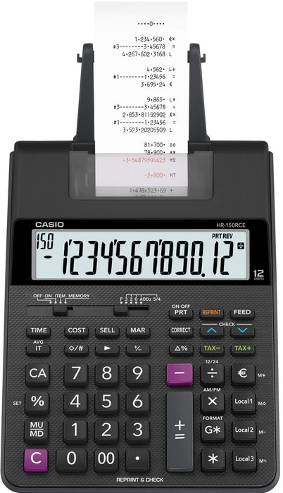 Casio Printing Calculator with Roll HR-150RC 12 Digit Display Black