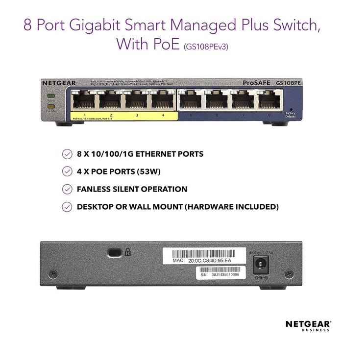 Best Value NETGEAR 8-Port Gigabit Ethernet Smart Managed Plus PoE Network Switch, Hub, Internet Splitter (GS108PE) - with 4 x PoE @ 53W Upgradeable, Desktop/Rackmount, and ProSAFE Lifetime Protection